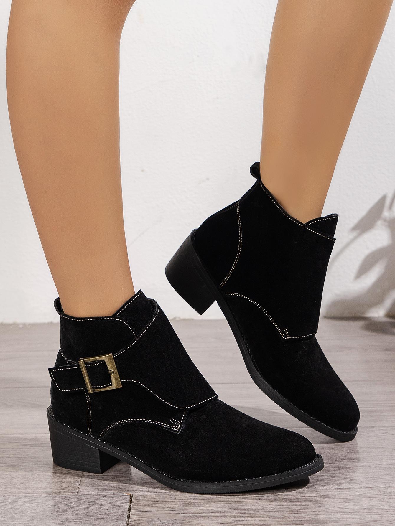 

Large size 2024 new solid color suede thick heel metal buckle British fashion boots women s boots 43 світло-коричневого кольору