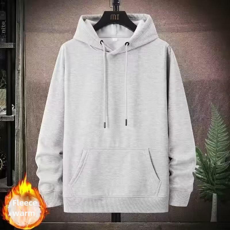 Men's Korean-Style Thick Hooded Sweatshirt - Large, Loose Fit, Velvet-Lined, Solid Color for Fall/Winter