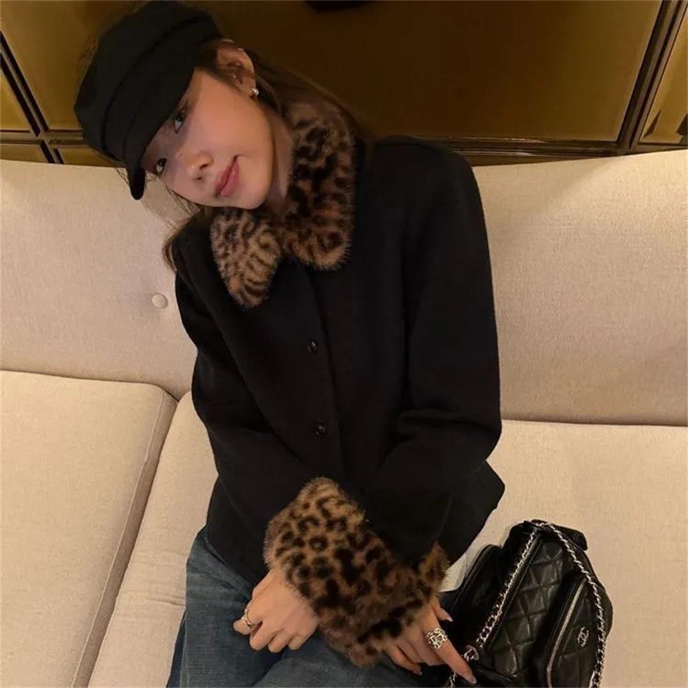 Leopard Print Plus Size Women s Coat: Autumn/Winter Designer Style, Fur Collar, Single-Breasted, Fleece-Lined. M