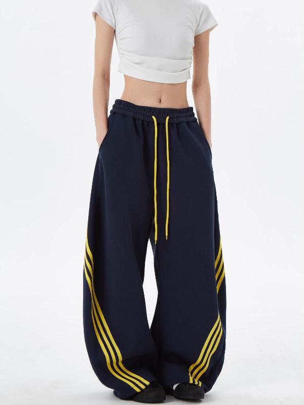 Retro Striped Color Block Wide-Leg Sweatpants with Elastic Drawstring for Men & Women