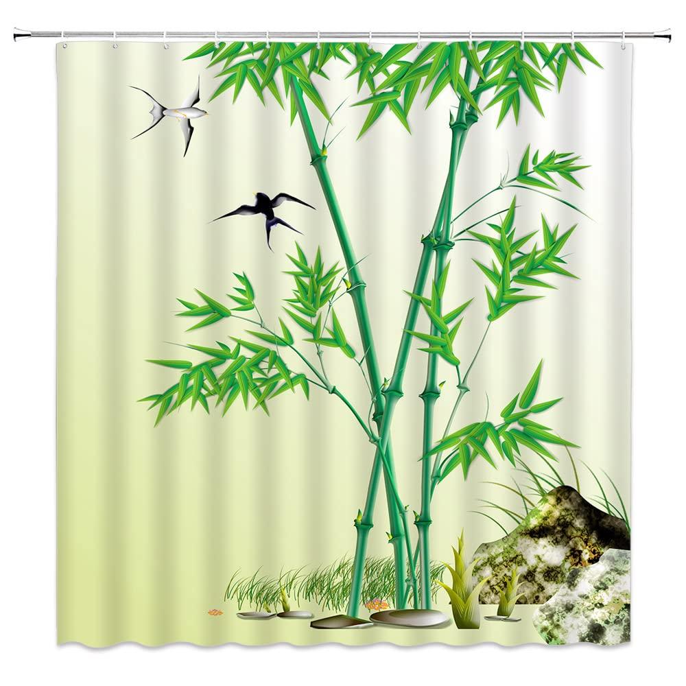 Landscape Shower Curtain Spring Season Pink Flower and Pavilion Scenery on Lake Chinese Style Bathroom Decor Hanging Curtain with Hooks