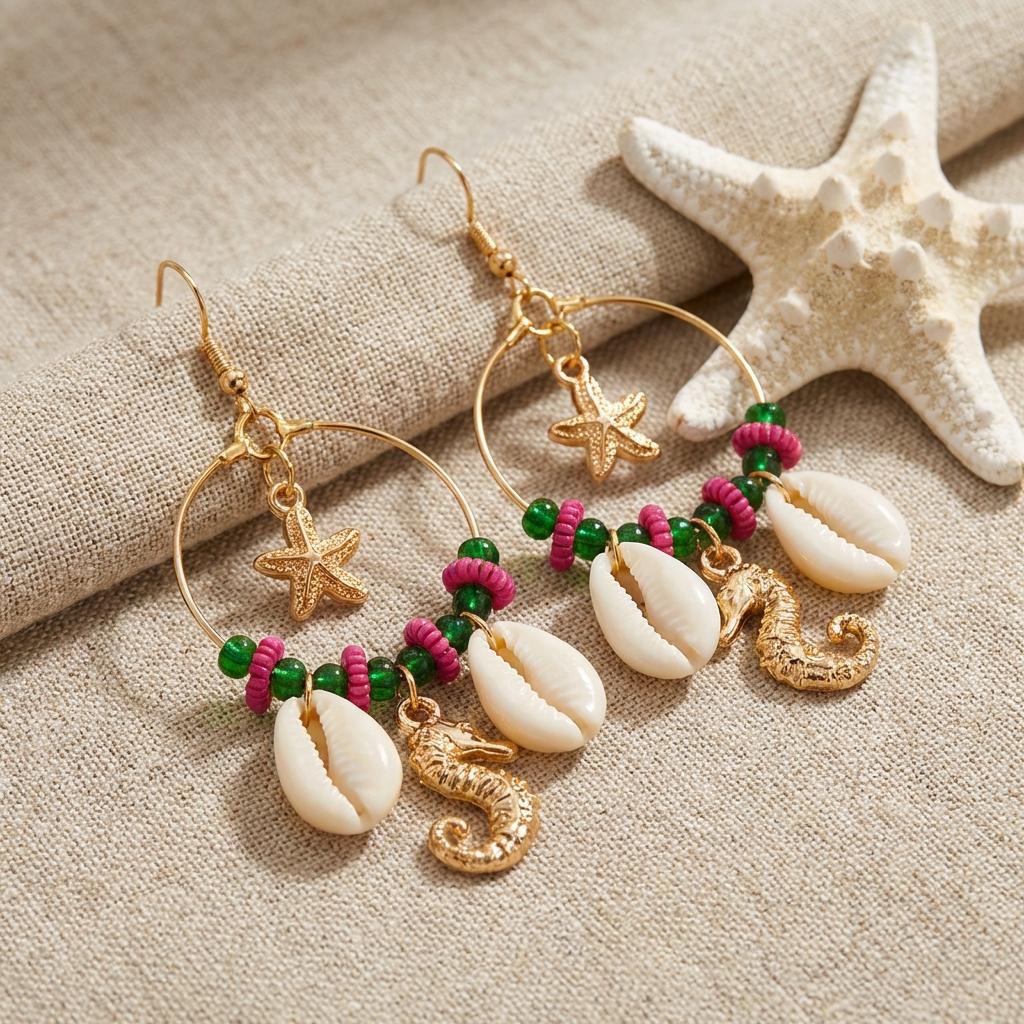 Tropical Fresh Drop Earrings For Women Starfish Shell Crystal Tassel Gold Tone Summer Beach Jewelry