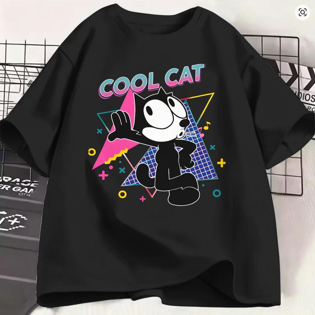 Ffelixs Black Cat Unisexs T Shirt Alien Abduction Vintage Tees Short Sleeve Crew Neck Tshirts Cotton Plus Size Clothing