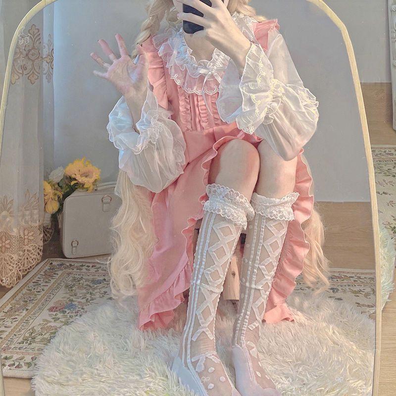 Japanese Style Sweet Calf Glass Silk Socks Spring Summer Cute Lace Ruffle White Knee High Socks Thin