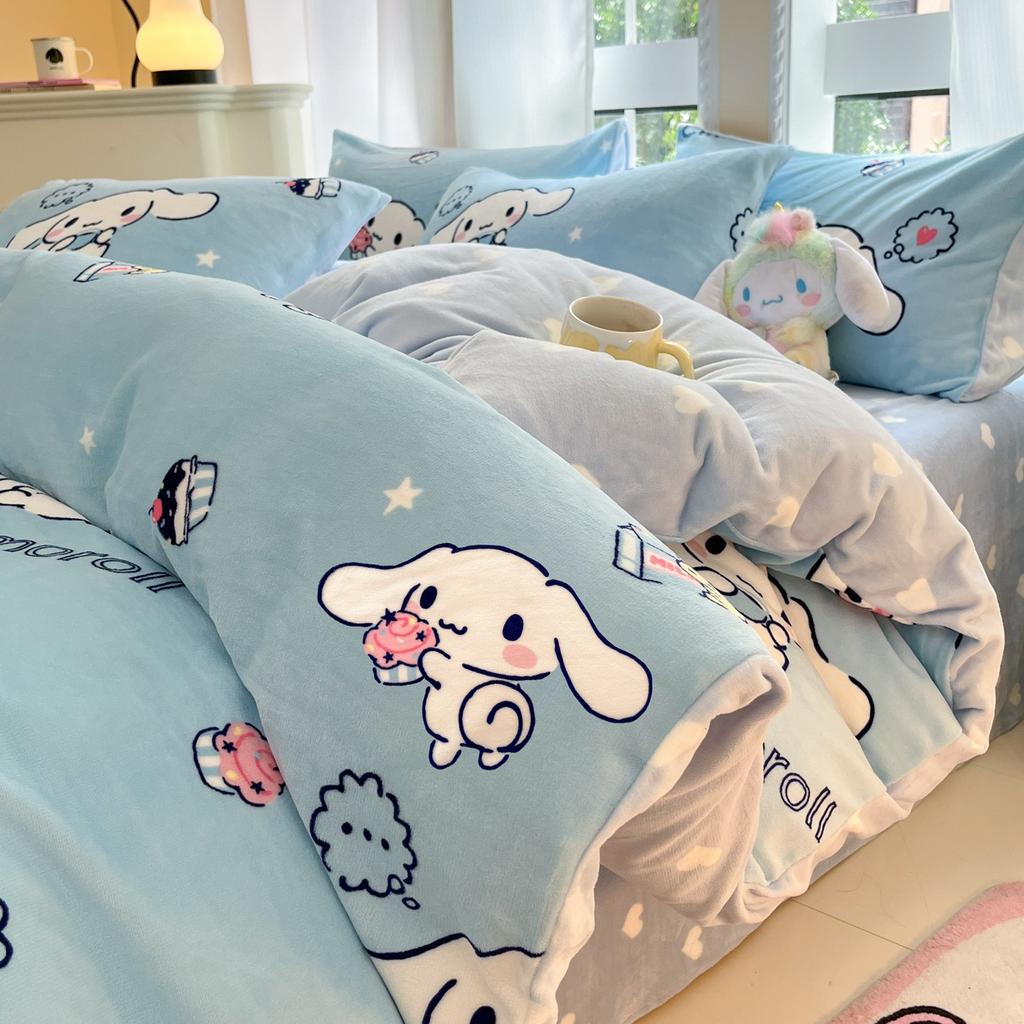 Children'S Thickened Milk Fleece Bed Four-Piece Warm Coral Fleece Fleece Quilt Cover Student Bedding