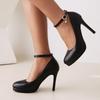 Ankle Straps High Heels Pumps Shoes Woman Elegant Round Toe Black White Heeled Office Dress Pumps Wedding Shoes Bridal Ladies