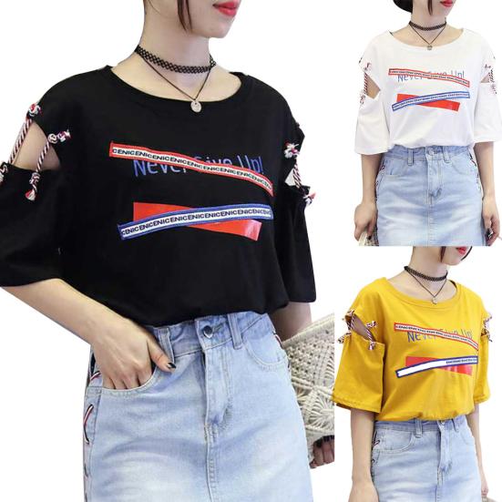Vintage Women Letter Hollow Half Sleeve Round Neck Loose Tee Top T-shirt Bluzka