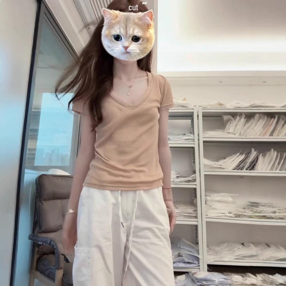

2025 V-Neck Korean Style Slim Fit Cotton Short-Sleeve Top Medium