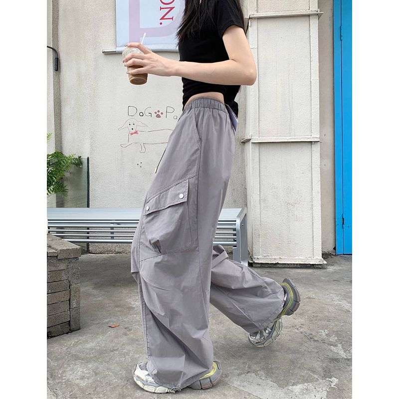 Kumikumi American Retro Pure Color Drawstring Draped Casual Pants Cargo Pants Female Autumn Slimming All-Match Wide Leg Pants