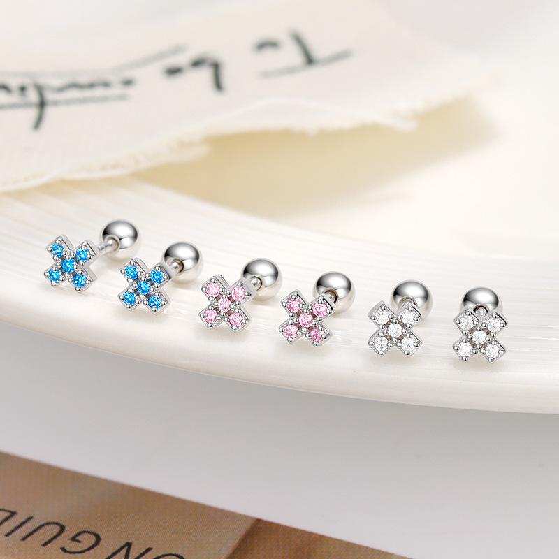 S925 Sterling Silver Inlaid Colorful Zircon Cross Screw Earrings for Women Small Exquisite Temperament Ear Accessories