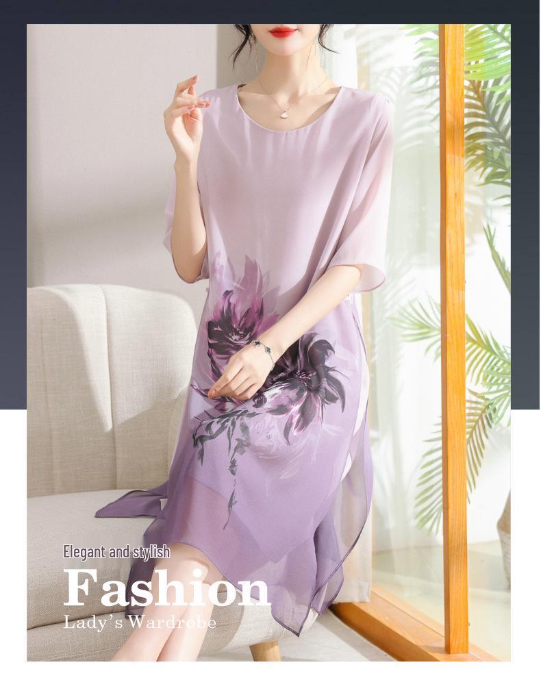 2026 Summer Chiffon Dress for Middle-Aged & Elderly Women - Mid-Length, Plus-Size, Belly-Concealing
