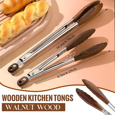 LMETJMA Wooden Kitchen Cooking Tongs Stainless Steel Kitchen Tongs with Wooden Tips Long Handle Food Salad Tongs For BBQ Cooking