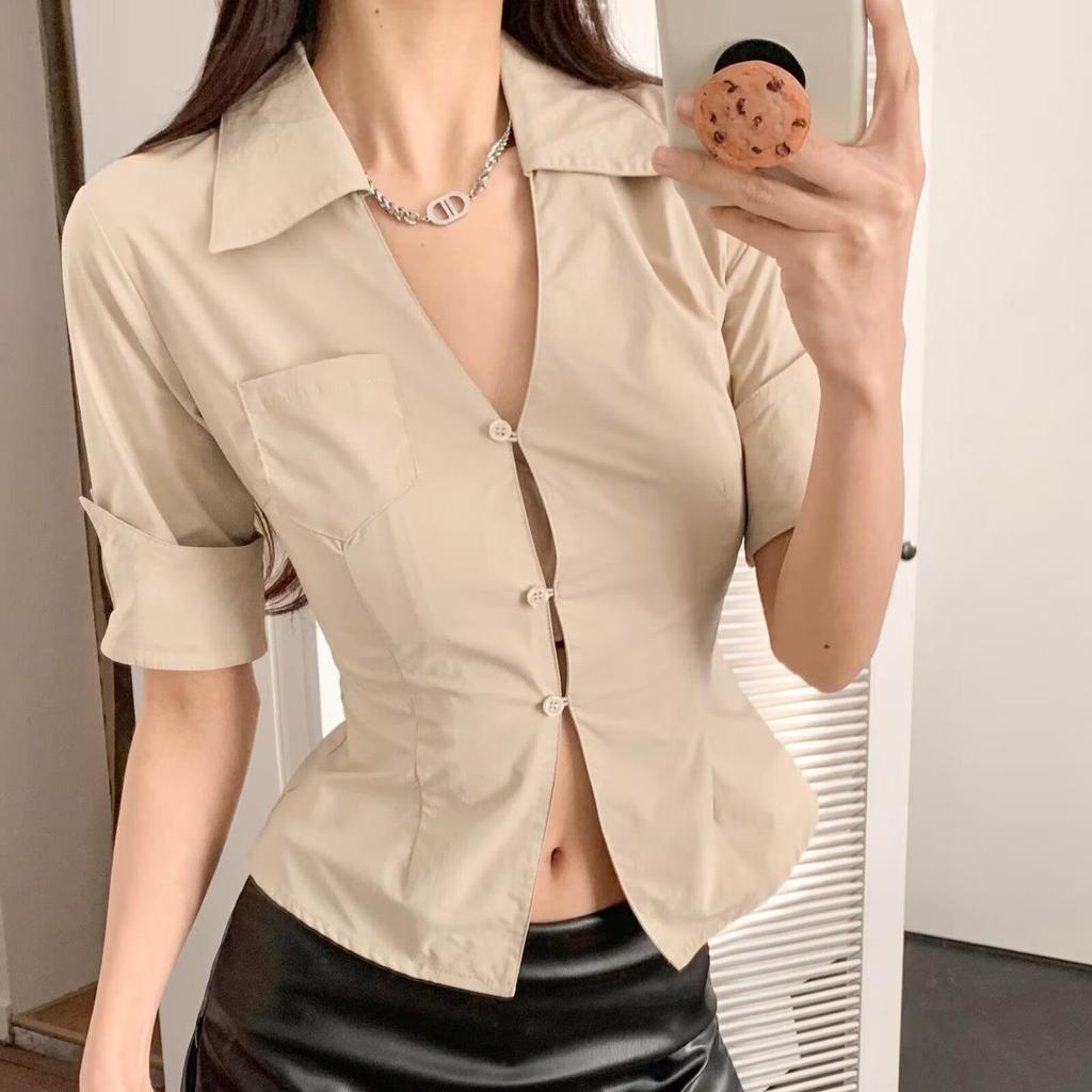 White V-Neck Slim-Fit Women's Sexy Short-Sleeved Shirt