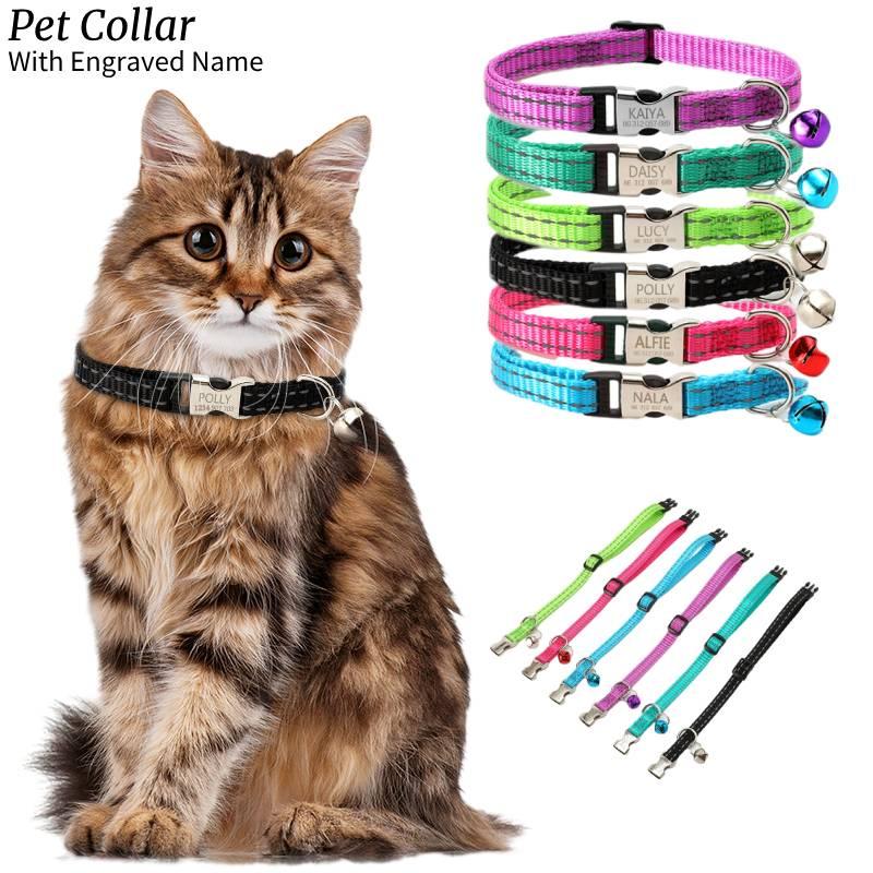Reflective Nylon Cat Collar With Bell Free Engraving Available In Multiple Colors Suitable For Cats