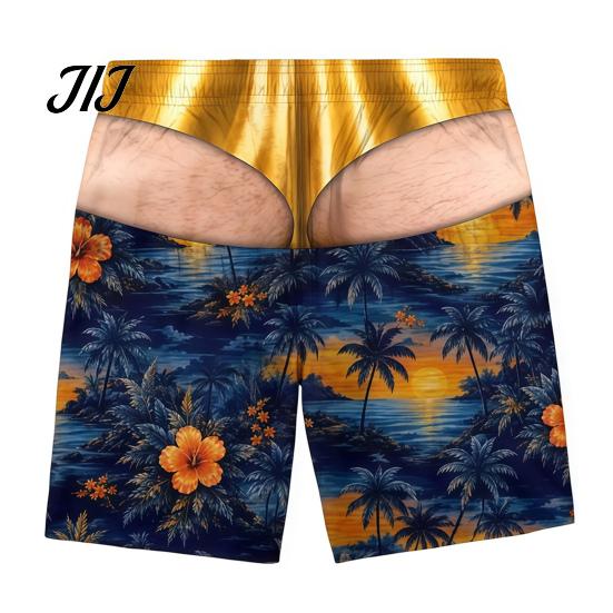 Vicces Férfi Strandnadrág Szőrös Nagy Fenekű Nadrág, USA Zászló Mintás Fürdőnadrág, Arany Színű Állítható Zsinóros Alsó Design, Nyári Medencés Partikra Nyaraláshoz