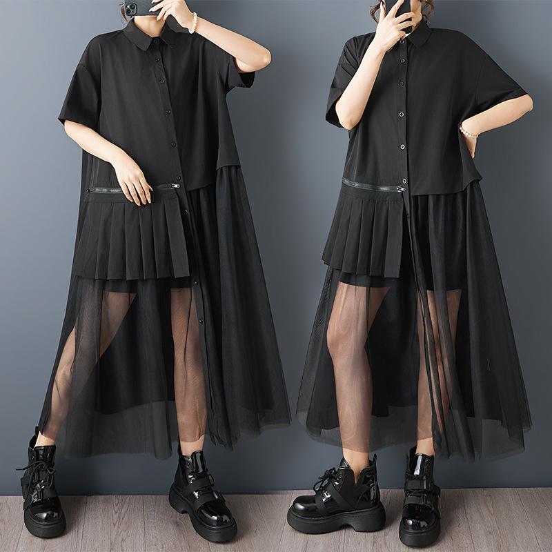 Summer Mesh Splicing Plus Size Casual Shirt Dress Plus Size Free Size