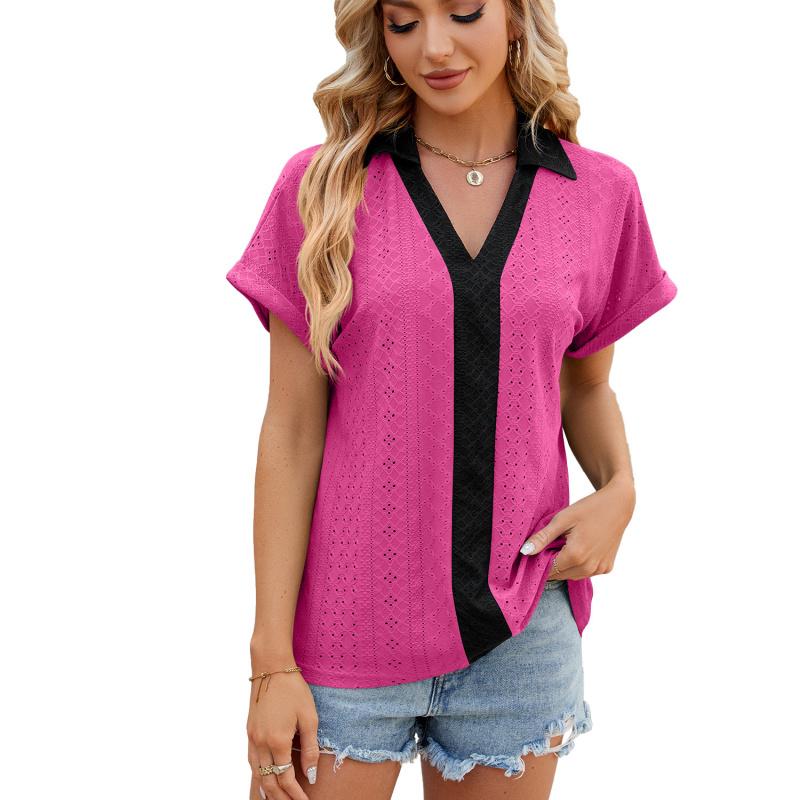 2026 Spring/Summer New V-neck Contrast Color Short Sleeve Loose T-shirt Women's Casual Top