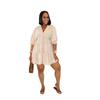 TW748 Casual V-neck Loose Waist Pleated Dress with Three-quarter Sleeves and Wide Hem for Women