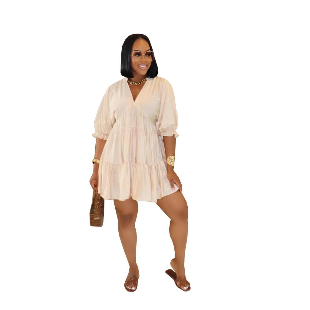 TW748 Casual V-neck Loose Waist Pleated Dress with Three-quarter Sleeves and Wide Hem for Women