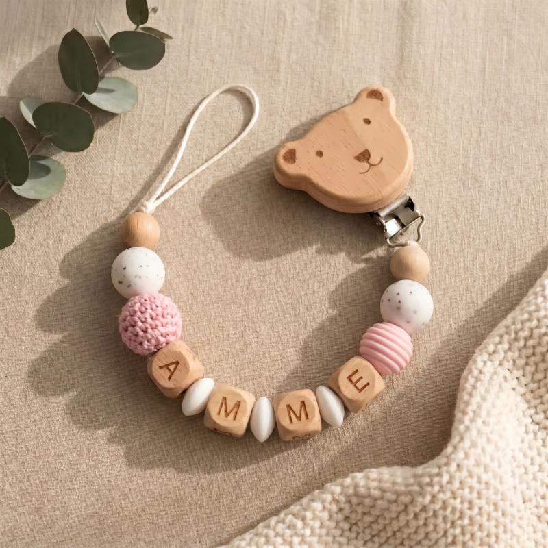 Handmade Personalized Baby Pacifier Clip Custom Name Silicone Teething Beads Holder Beech Wood Soother Chain for Infant Toddler