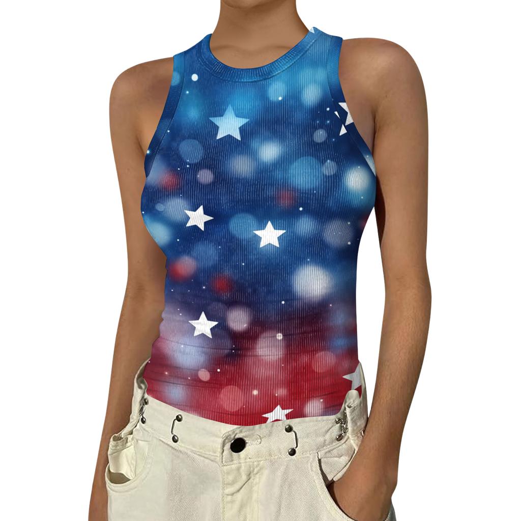 Women's Fashion Round Neck Independence Day Print Sleeveless Vest Top