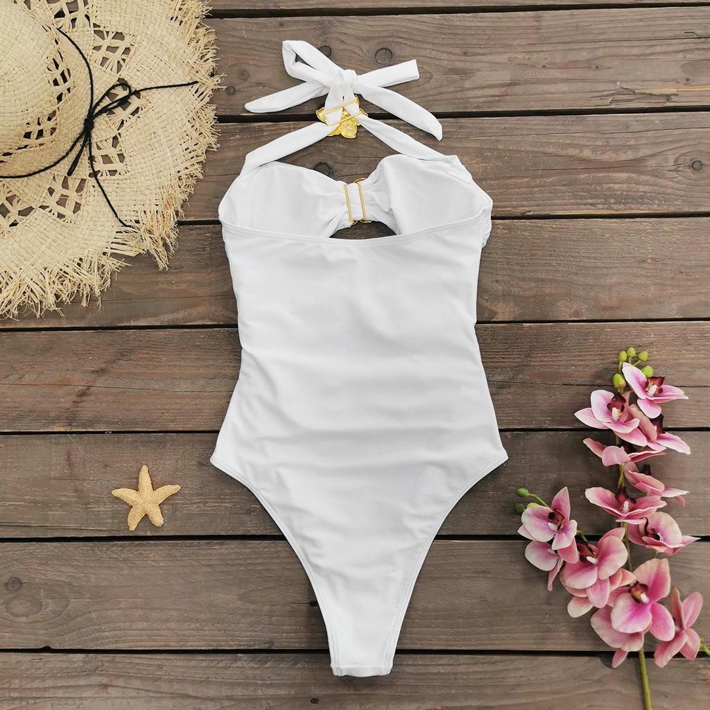 2025 Women's Solid Color One-Piece Swimsuit Set with Short Skirt & Metal Accents