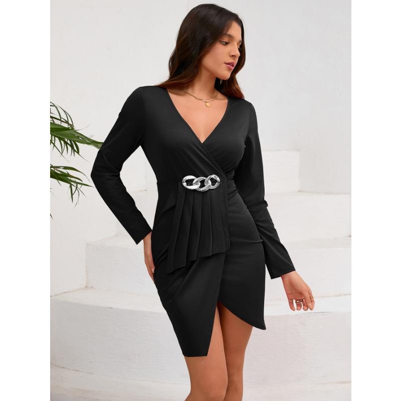 

Женское сексуальное платье с длинным рукавом и V-образным вырезом, элегантное платье с поясом на бедрах XL чёрный