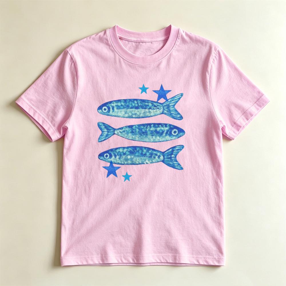 Blue Sardine Fish Stars TShirt Minimalist Ocean Graphic Tee Coastal Art Casual Shirt Unisex Fashion Crewneck Cotton Streetwear S