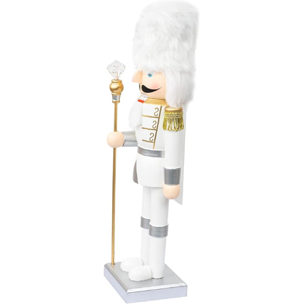 FUNPENY 14" Christmas Decorative Nutcracker Figures, Handmade Wooden Soldier In White Uniform Hold Scepter, Festive Collectible Nutcracker Gift for