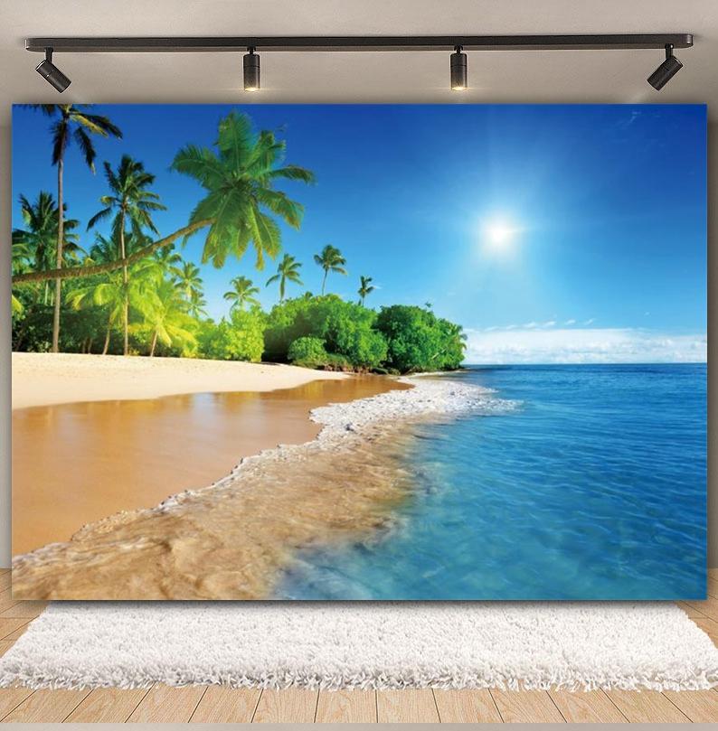 Tropischer Strand Hintergrund für Fotografie Sommer Hawaii Blaues Ozeanwasser Meeresufer Palme Kinder Feiertagsparty Foto Hintergrund Dekoration