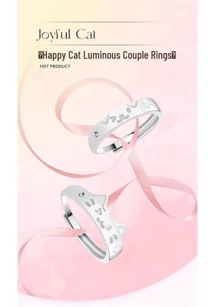 Luminous Sterling Silver Happy Cat & Dog Couple Rings - Light Luxury Cute Design Gift for Men & Women