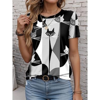 Damen T-Shirt Lässig Ombre Katzen-Print Kurzarm Regulär Oberteile Rundhals Täglich Schwarz Sommer