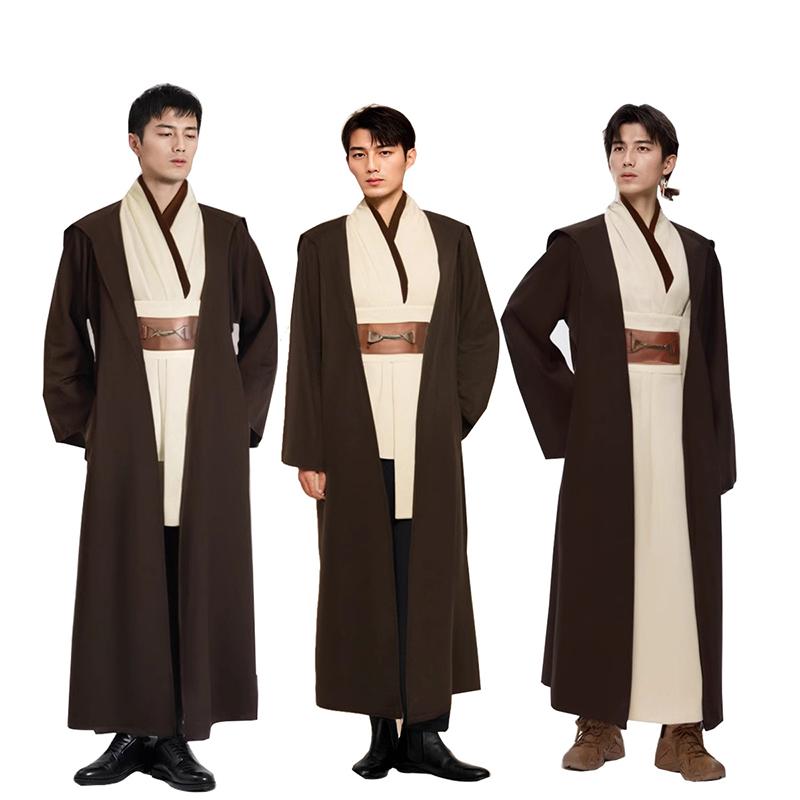 Men's Costume Robe Male Jedi Knight Tunic Costume Hooded Full Set Halloween Cosplay Cloak