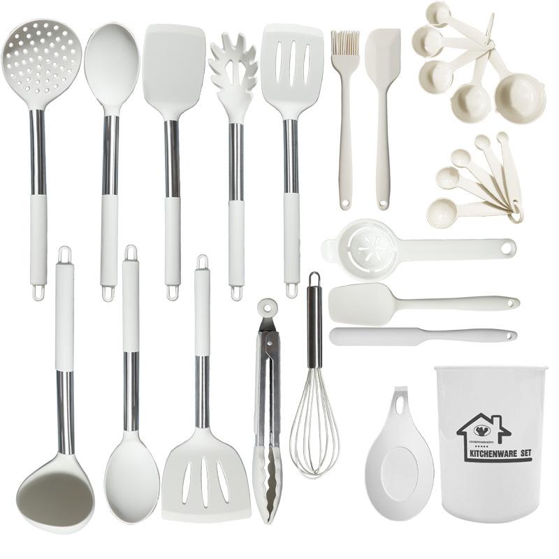 27-piece silicone kitchen utensil set, including spoons, heat-resistant tongs, whisk, and stand