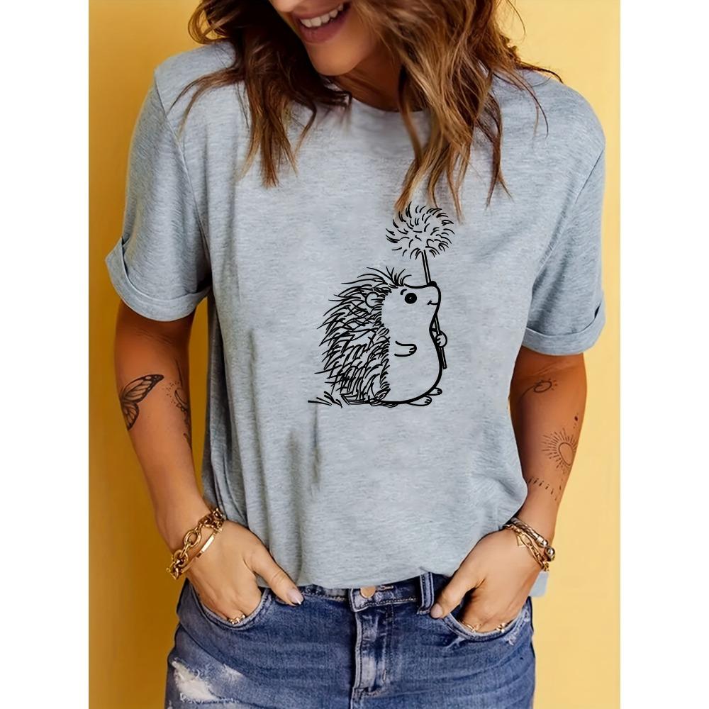 Uroczy T-shirt z nadrukiem jeża, casualowy top z krótkim rękawem i okrągłym dekoltem, odzież damska na wiosnę i lato