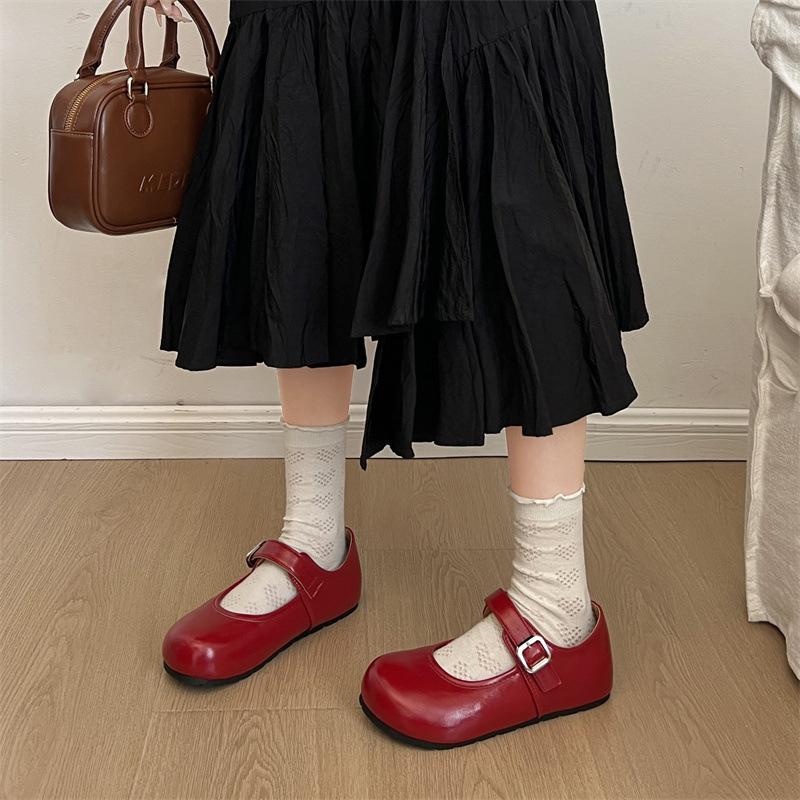 Red French Inner Height Increase Mary Jane Single Shoes Women's 2025 New Summer Versatile Round Head Shallow Mouth Soft Sole Beanie Shoes