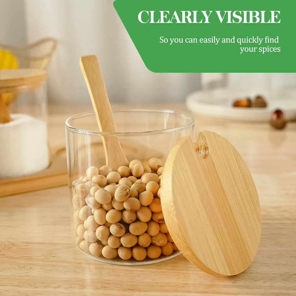 Kitchen Glass Condiment Jar Set Wood Lid with Tray Spoon Clear Spice Salt Container Dust-Proof Coffee Beans Organizer Bottle