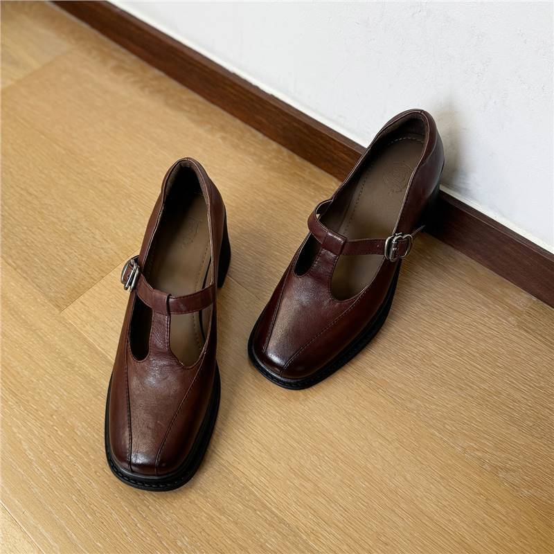 First Layer Leather British Retro T-strap Mary Jane Shoes Women's Thick Heel High Heel Small Leather Shoes Single Shoes
