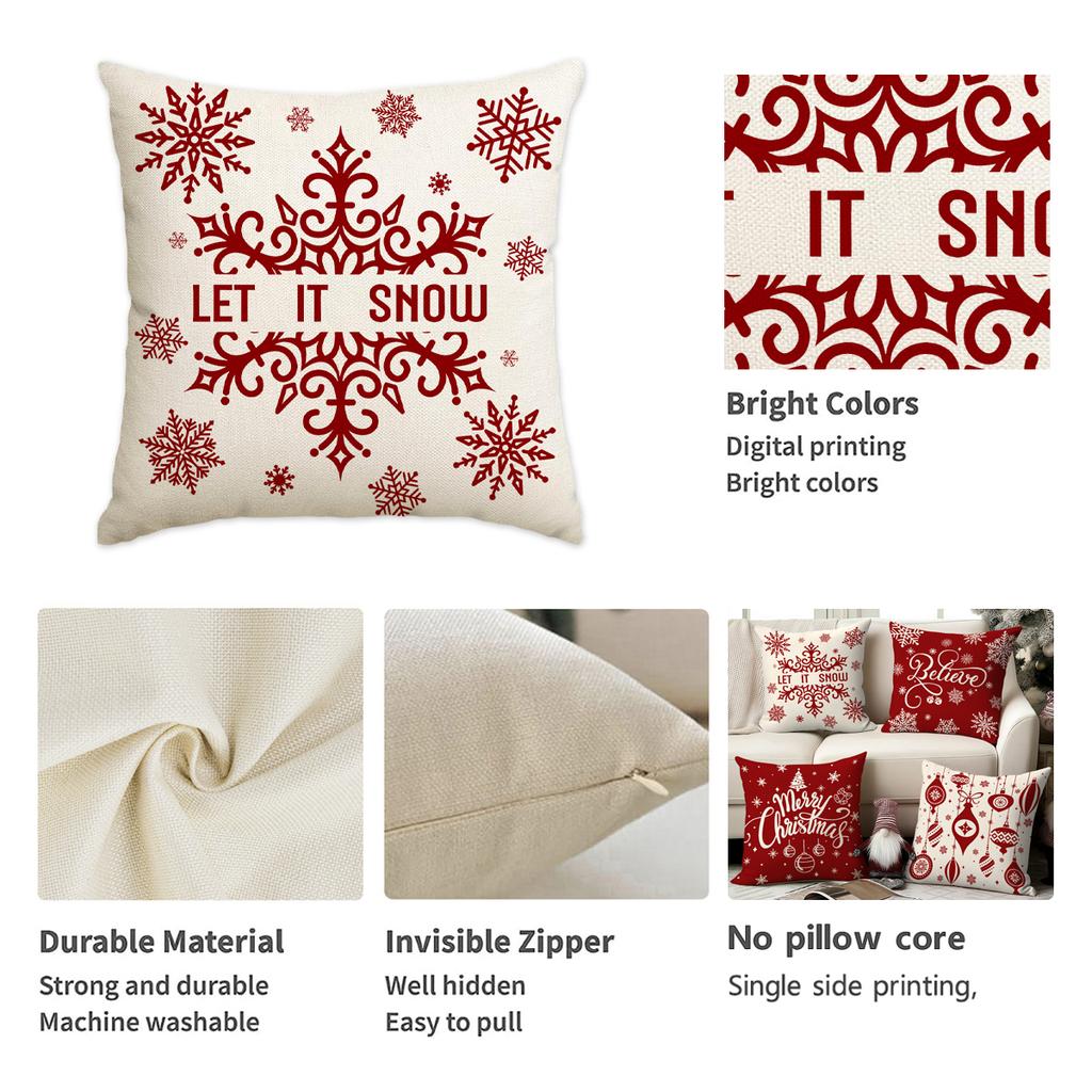 1/4 Pcs Red Christmas Pillowcase Snowflake Christmas Ball Pendant Pattern Cushion Cover Winter Holiday Home Decoration