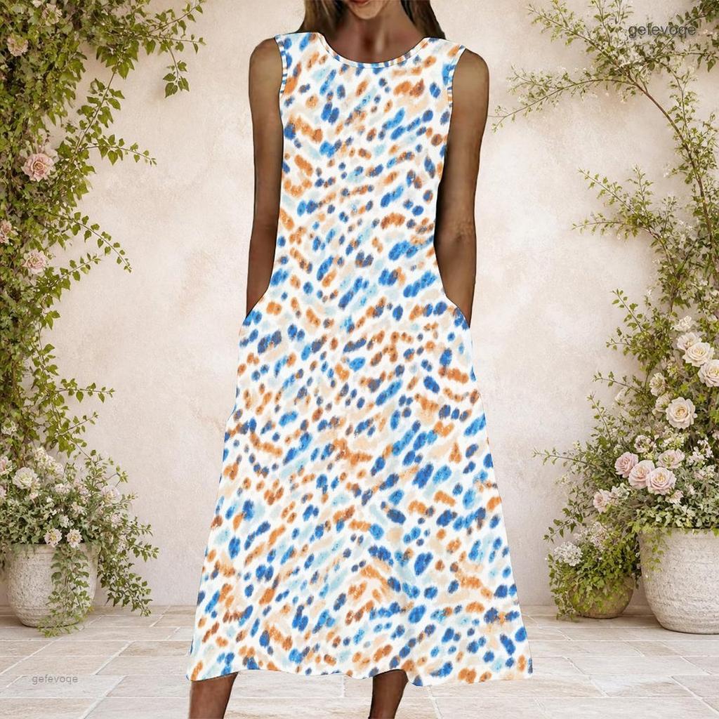 Women Plus Size Round Neck Sleeveless Black Grey Patchwork Print A Line Long Dress With Side Pockets