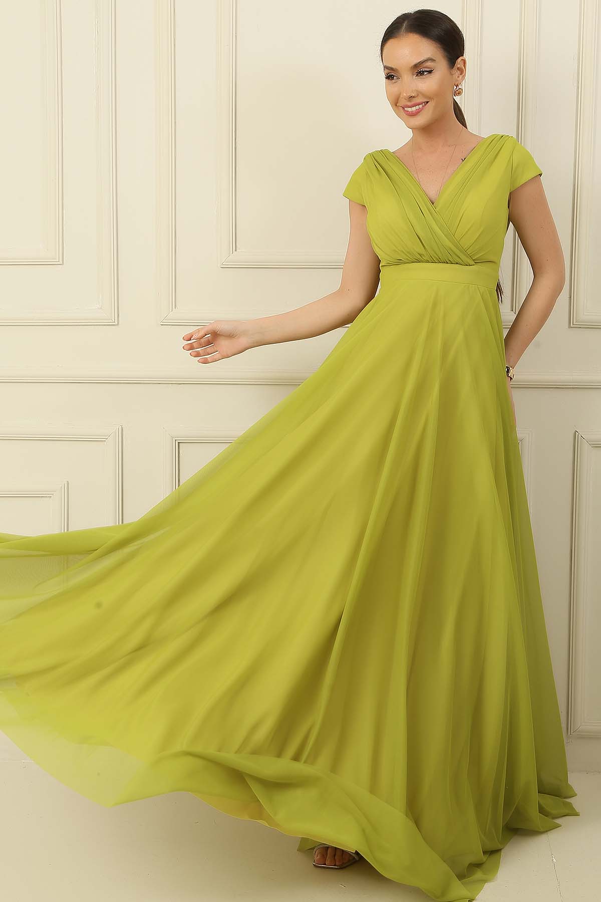 

Двубортный вырез без рукавов с длинным кругом и расклешенной подкладкой из шифона и тюля, длинное платье L бирюзовый зеленый