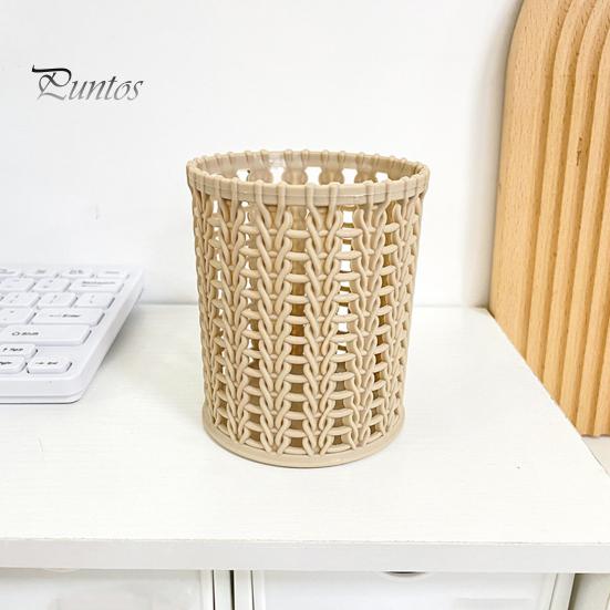 Pen Holder Imitation Rattan Holder, Round Hollow Desk Organizer, Large Capacity Pencil Accessory Cup for Pens Pencils Makeup Brushes, Nordic