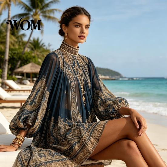 Lantern Sleeve Dress Boho Floral Print High Neck Irregular Chiffon Mini for Women, Puff Long Flowy Party Cocktail Dress, Summer Beach Vacation