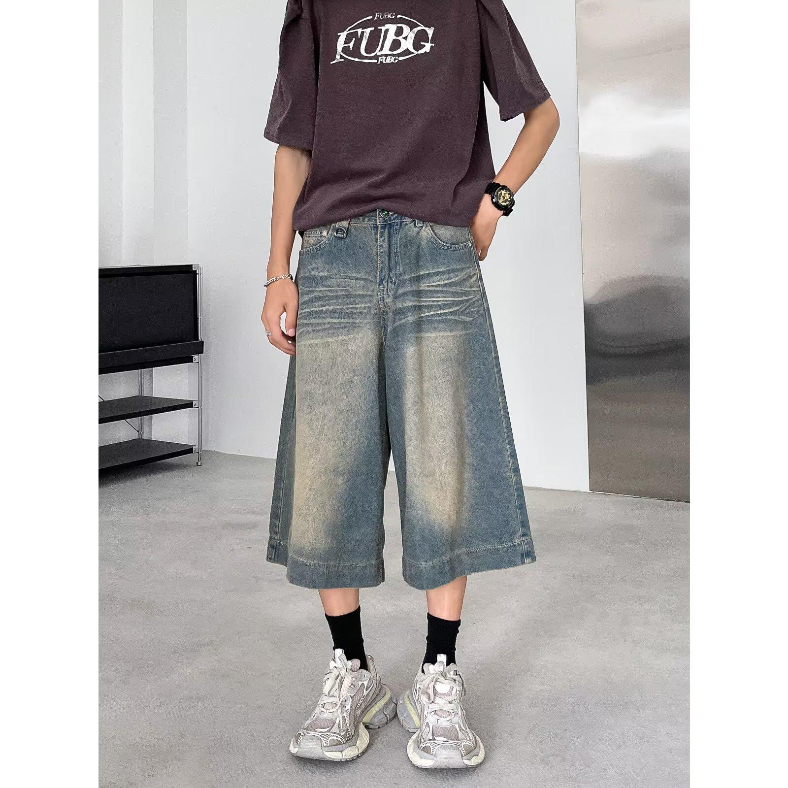 

Мужские ретро-стираные свободные джинсовые шорты – укороченные брюки с широкими штанинами и потертостями в стиле кэжуал Extra Large синий