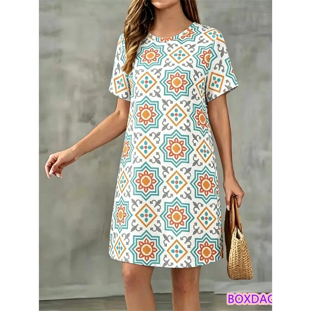 Flower Print Versatile Short-sleeved Dress Comfortable Simple Casual Dresses