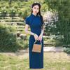 Vintage-Inspired Blue Midi Cheongsam Dress Women 2025 Short Sleeve Retro Style Daily Wear