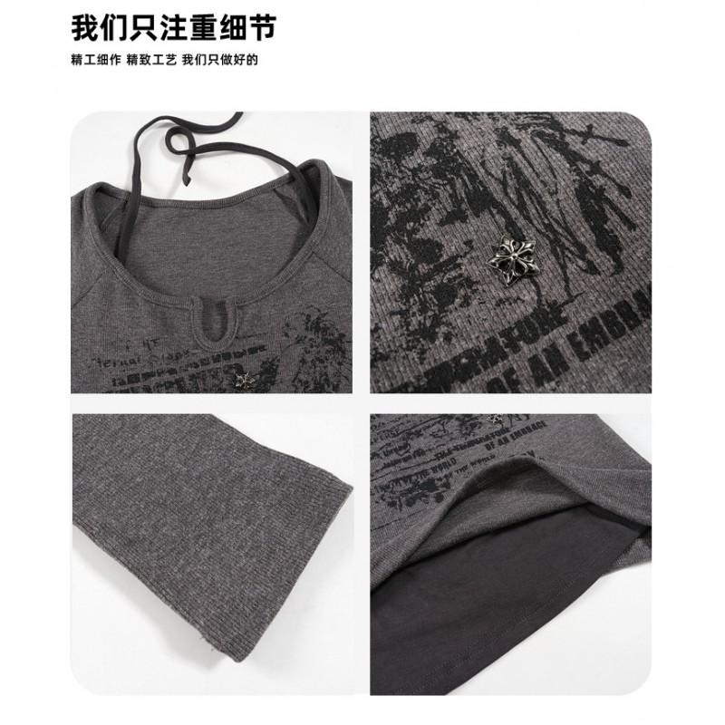 Womens Retro Printed Long Sleeve T-Shirt Slim Fit Crop Top Street Style Casual Wear