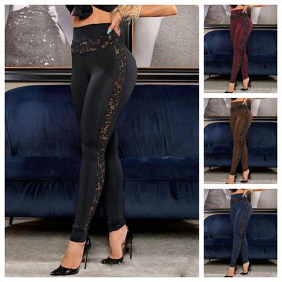 Womens Sexy Leggings Floral Lace Pants Side Sheer Black Leggings Slim Stretch Sexy Trousers Size XS-3XL