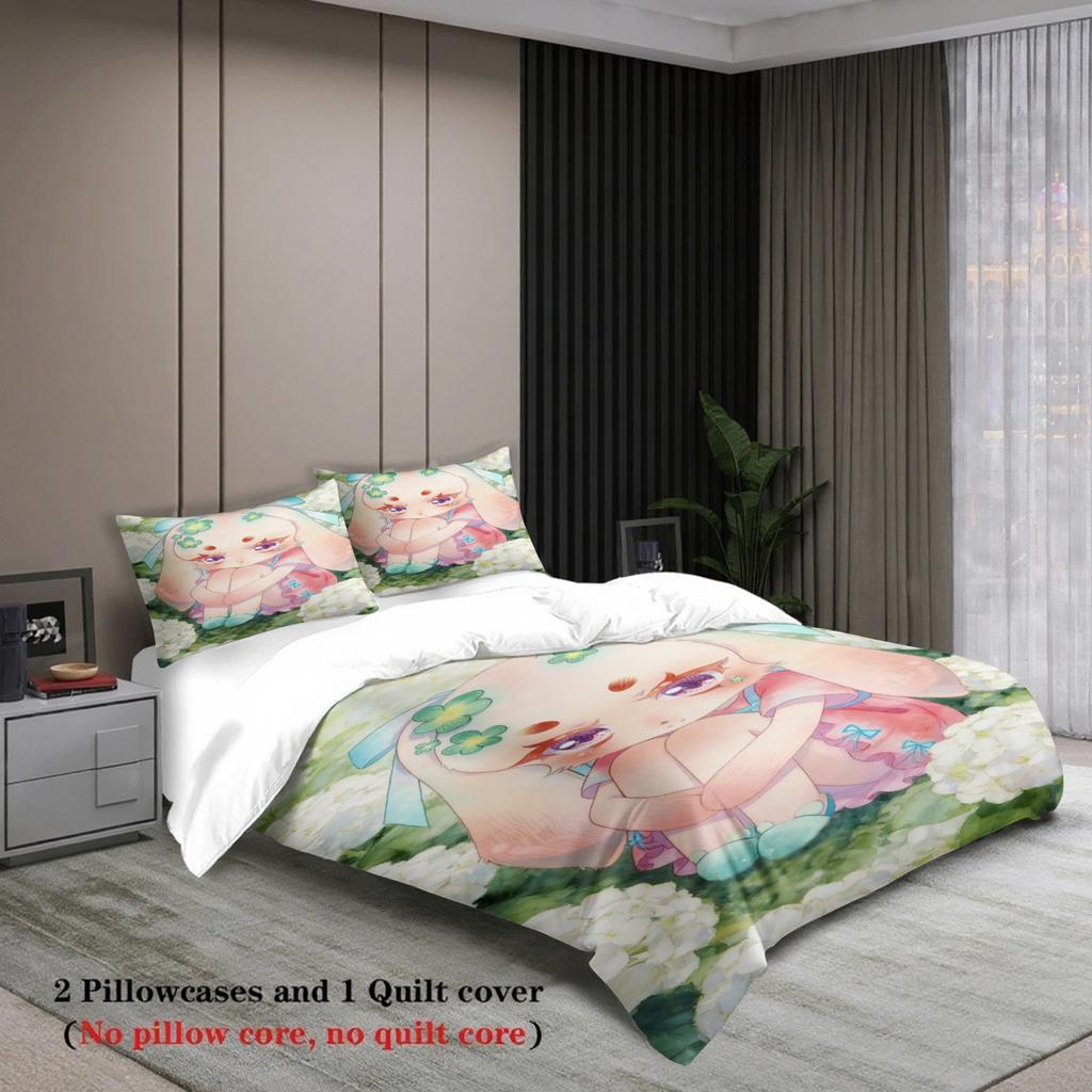 Softville Cozy Town 3PCS Bedding Sets Lop Rabbit Resting In Flower Grassla Pint Duvet Cover No Filling Cartoon Style Queen Size