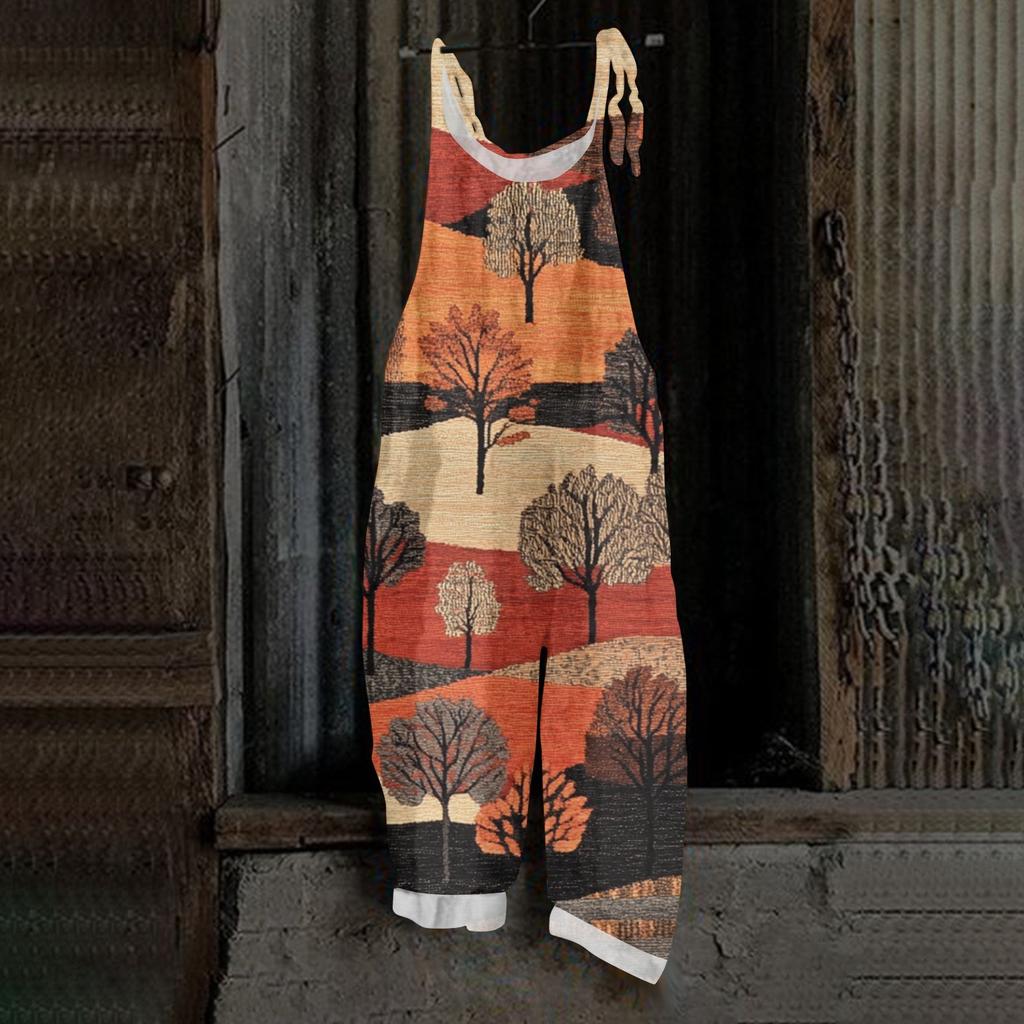 Women's One-piece Pants With Retro Prints, Casual Loose Retro Straps, And Cotton And Linen